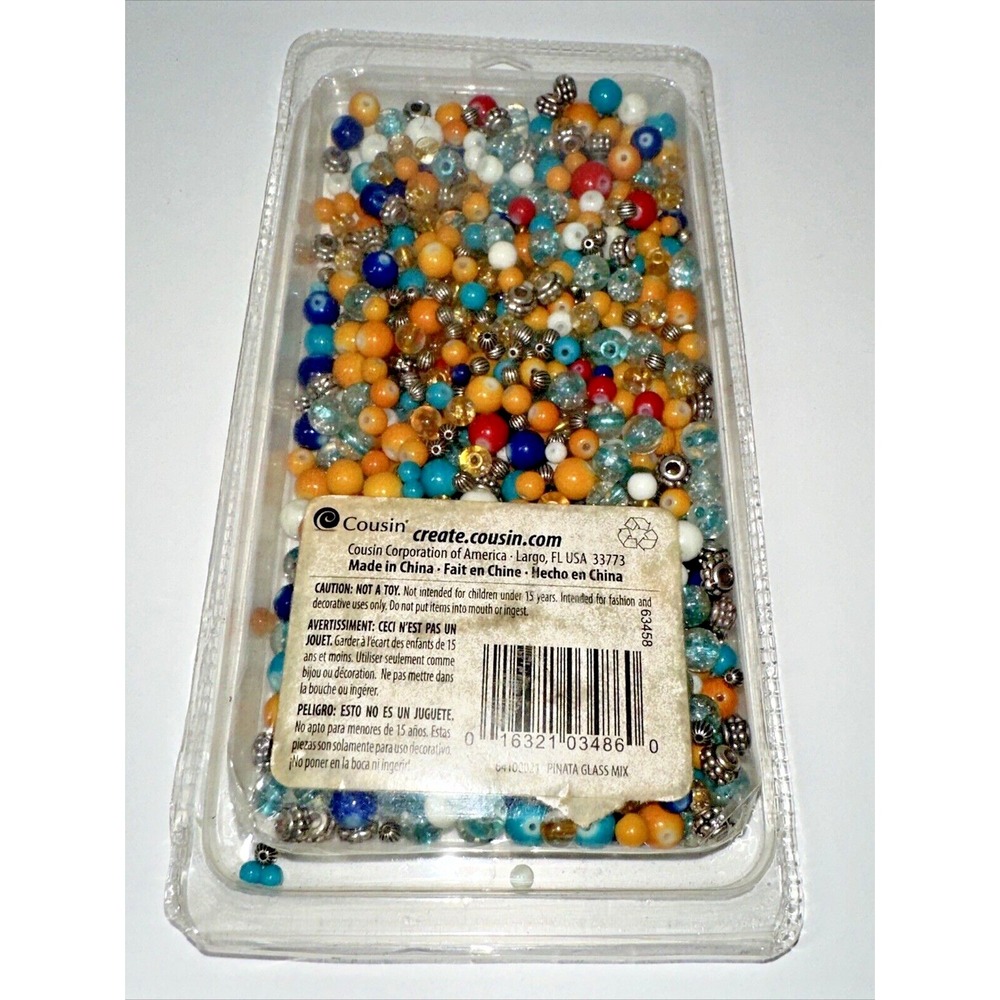 10.1oz/285g Glass Beads - Cousin  - Turquoise /Orange/Blue/Silver Tone Mix - New